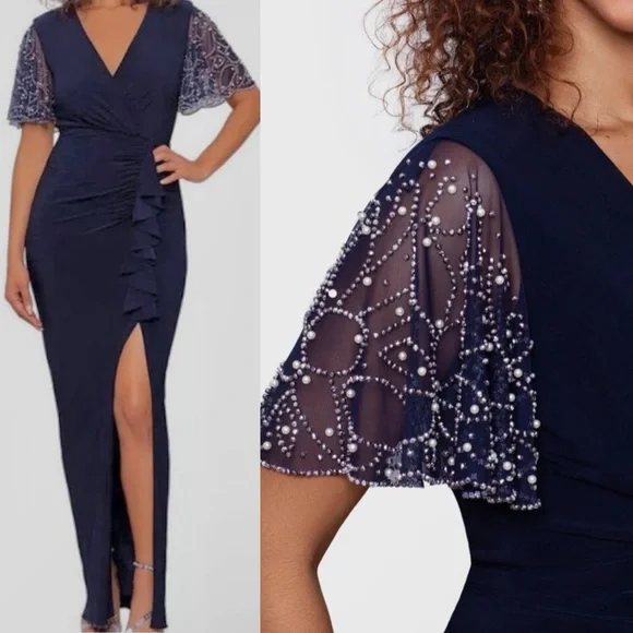 Betsy & Adam Embellished-Sleeve Front-Slit Gown - Navy/Silver - Size 8